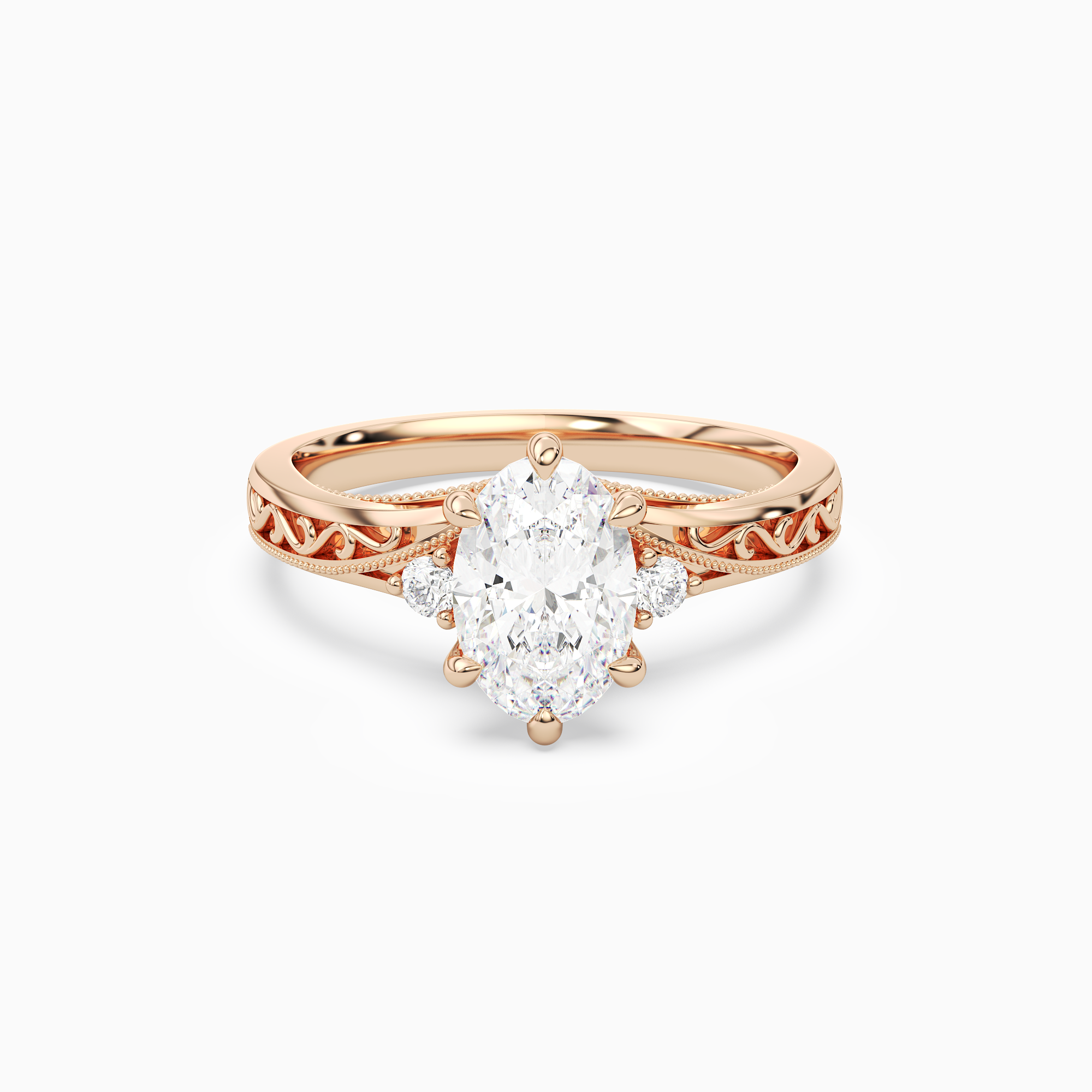 Oval Engraved Vintage Side Stone Ring in 14K Rose Gold main white