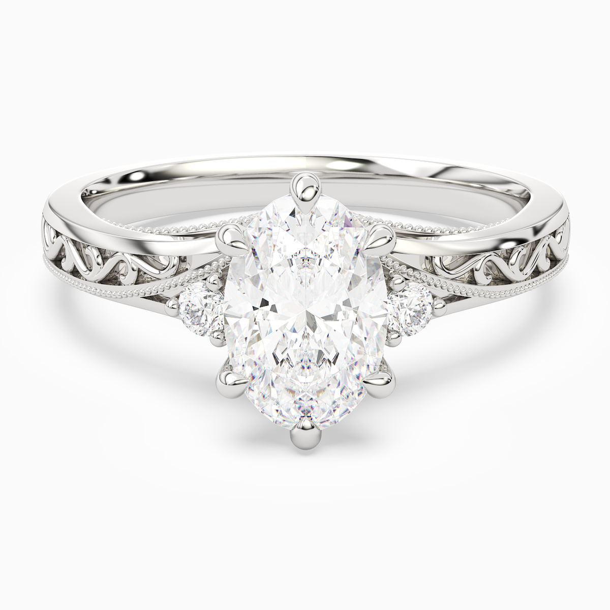 Oval Engraved Vintage Side Stone Ring in 14K White Gold main white