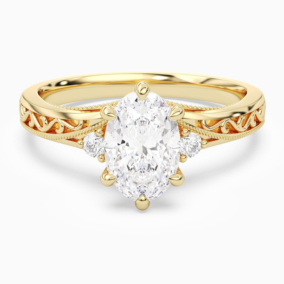 Oval Engraved Vintage Side Stone Ring in 14K Yellow Gold main white