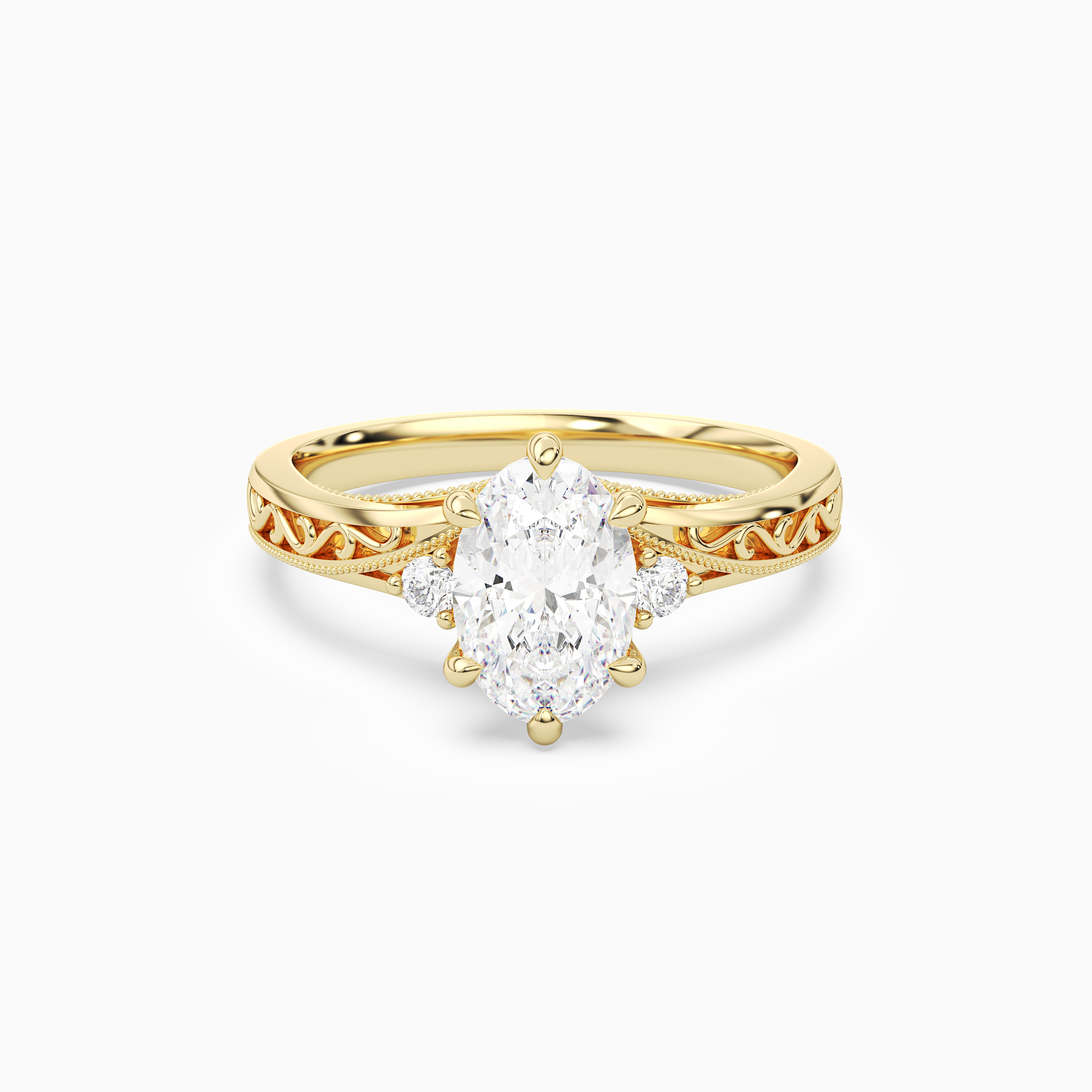 Oval Engraved Vintage Side Stone Ring in 18K Yellow Gold main white