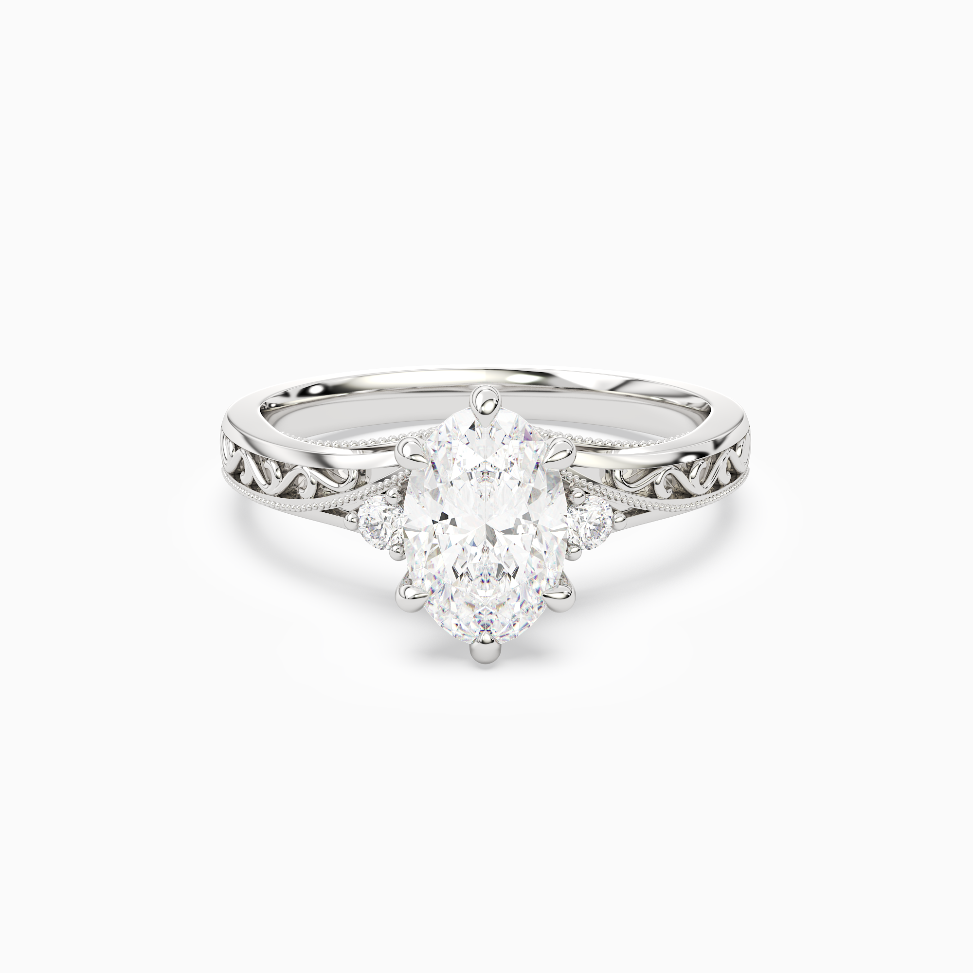 Oval Engraved Vintage Side Stone Ring in Platinum main white