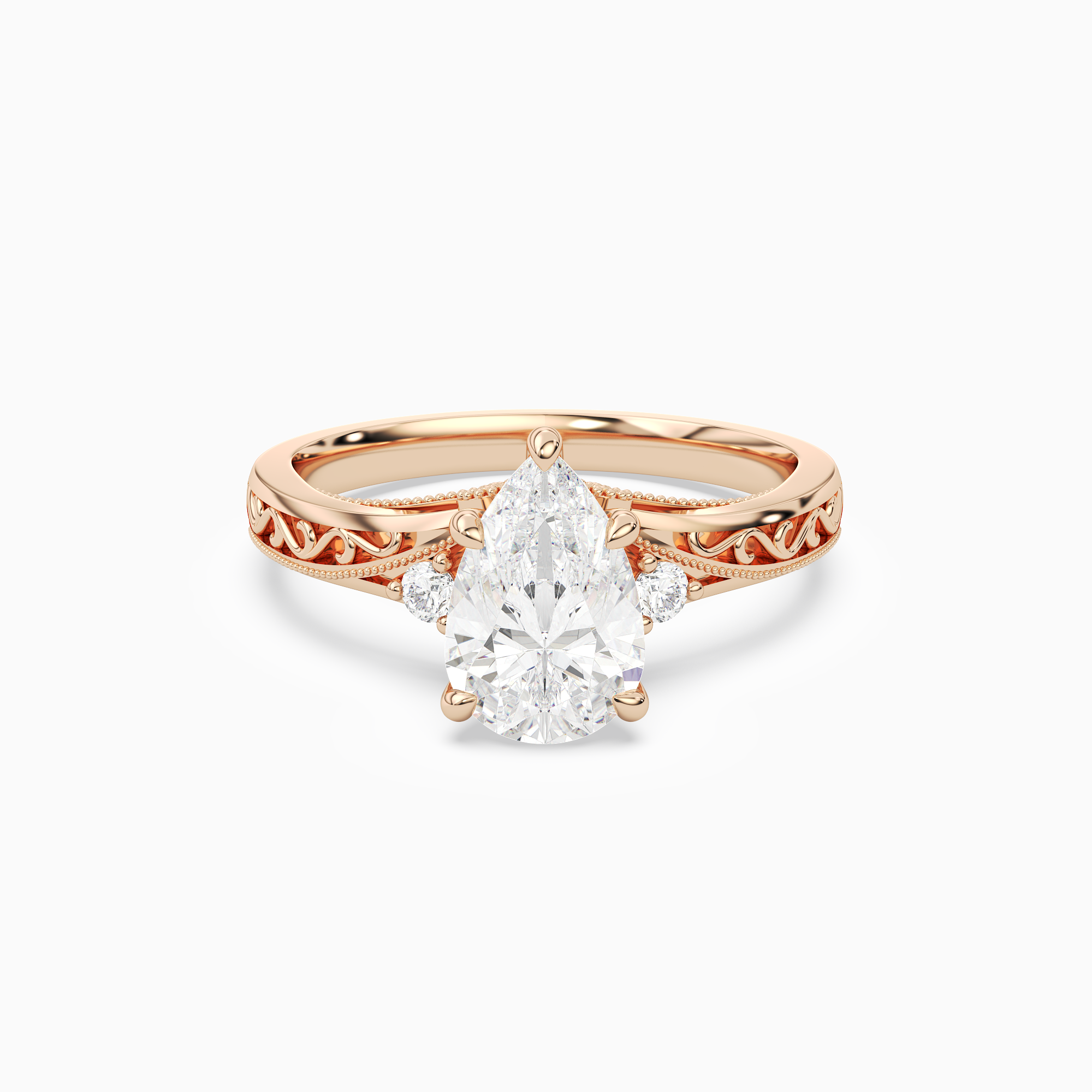 Pear Engraved Vintage Side Stone Ring in 14K Rose Gold main white