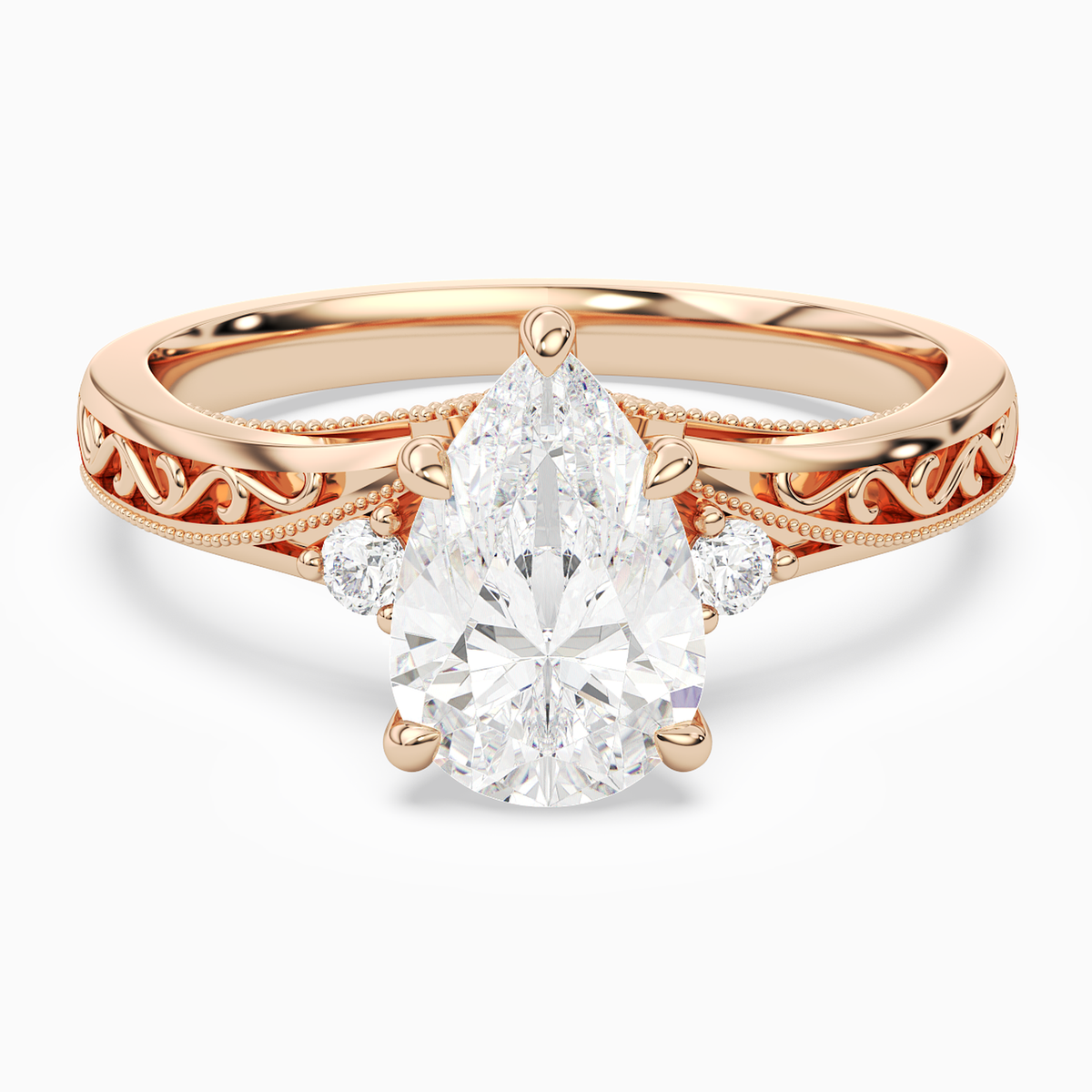 Pear Engraved Vintage Side Stone Ring in 14K Rose Gold main white