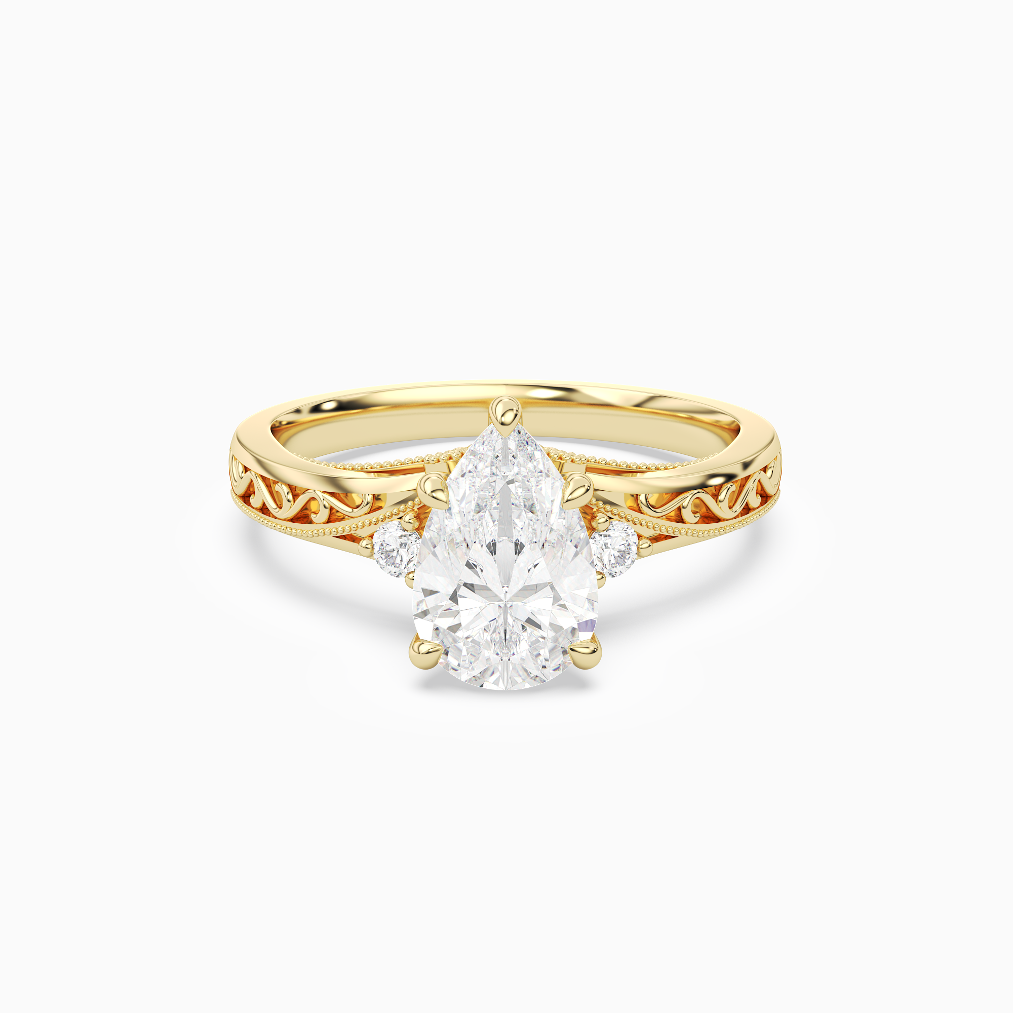 Pear Engraved Vintage Side Stone Ring in 14K Yellow Gold main white