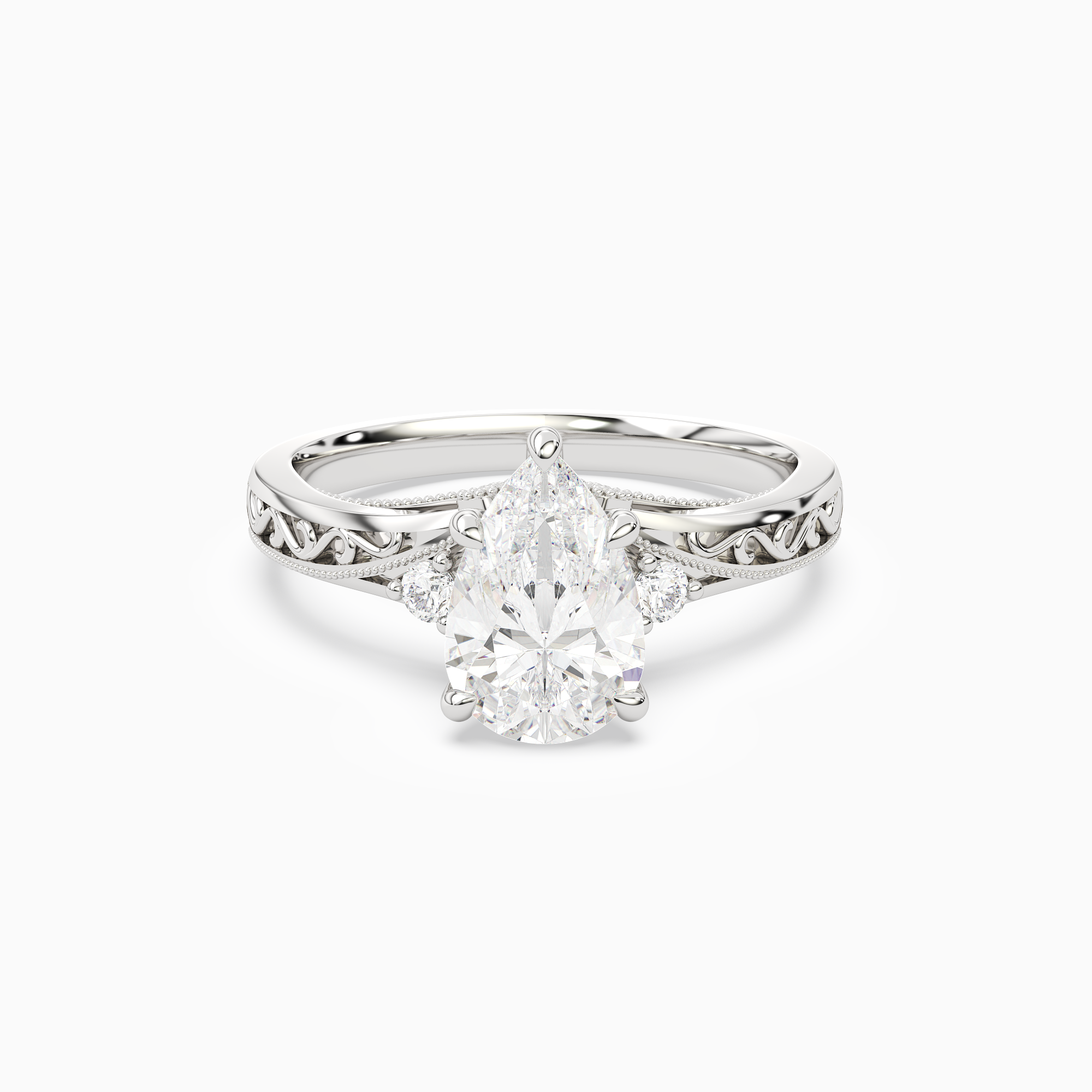 Pear Engraved Vintage Side Stone Ring in Platinum main white