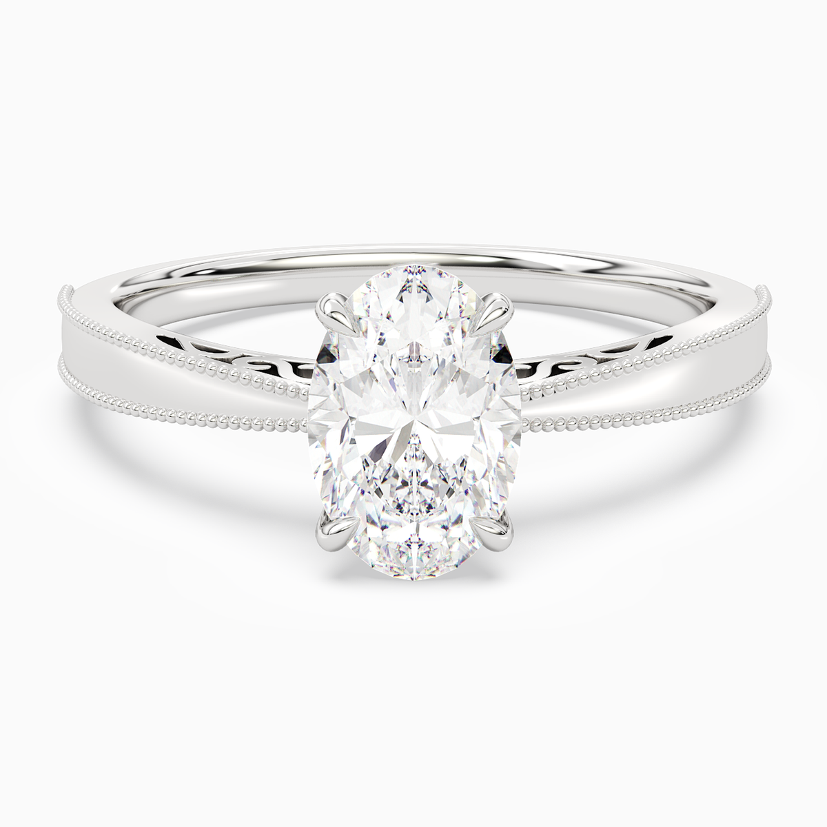 Oval Milgrain Edge Solitaire in 14K White Gold main white