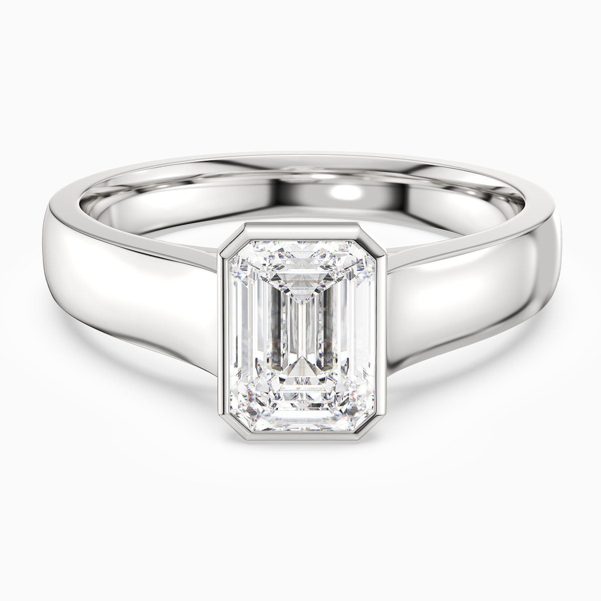 Emerald Wide Tapered Bezel Solitaire in 14K White Gold main white