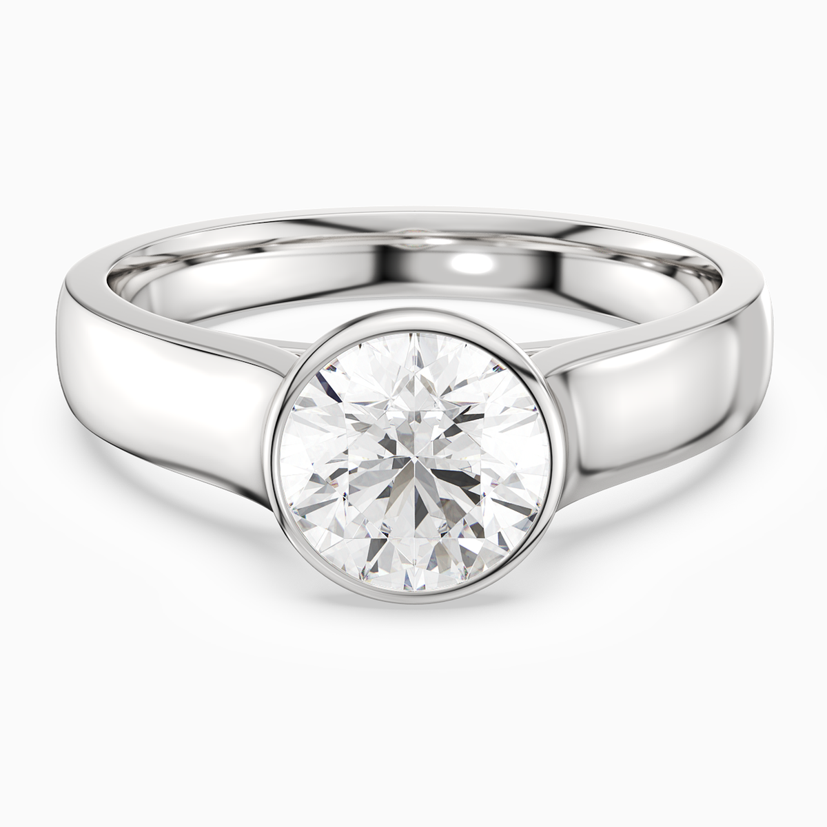 Round Wide Tapered Bezel Solitaire in 14K White Gold main white