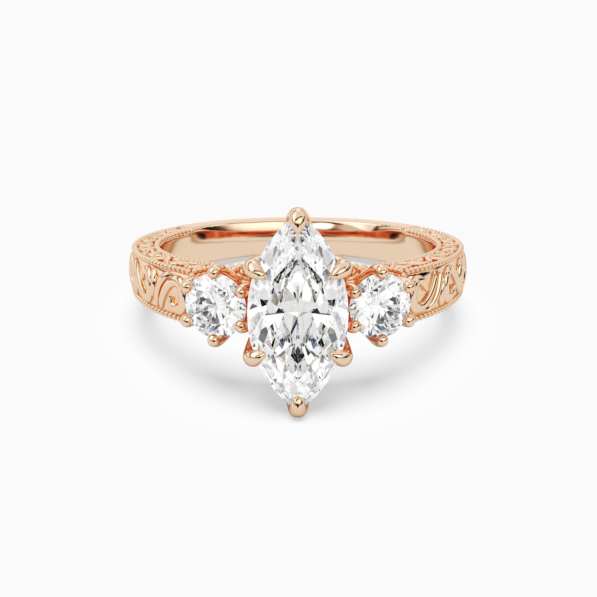 Marquise Engraved Vintage Three Stone in 14K Rose Gold main white