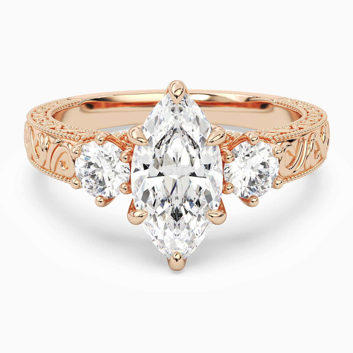 Marquise Engraved Vintage Three Stone in 14K Rose Gold main white