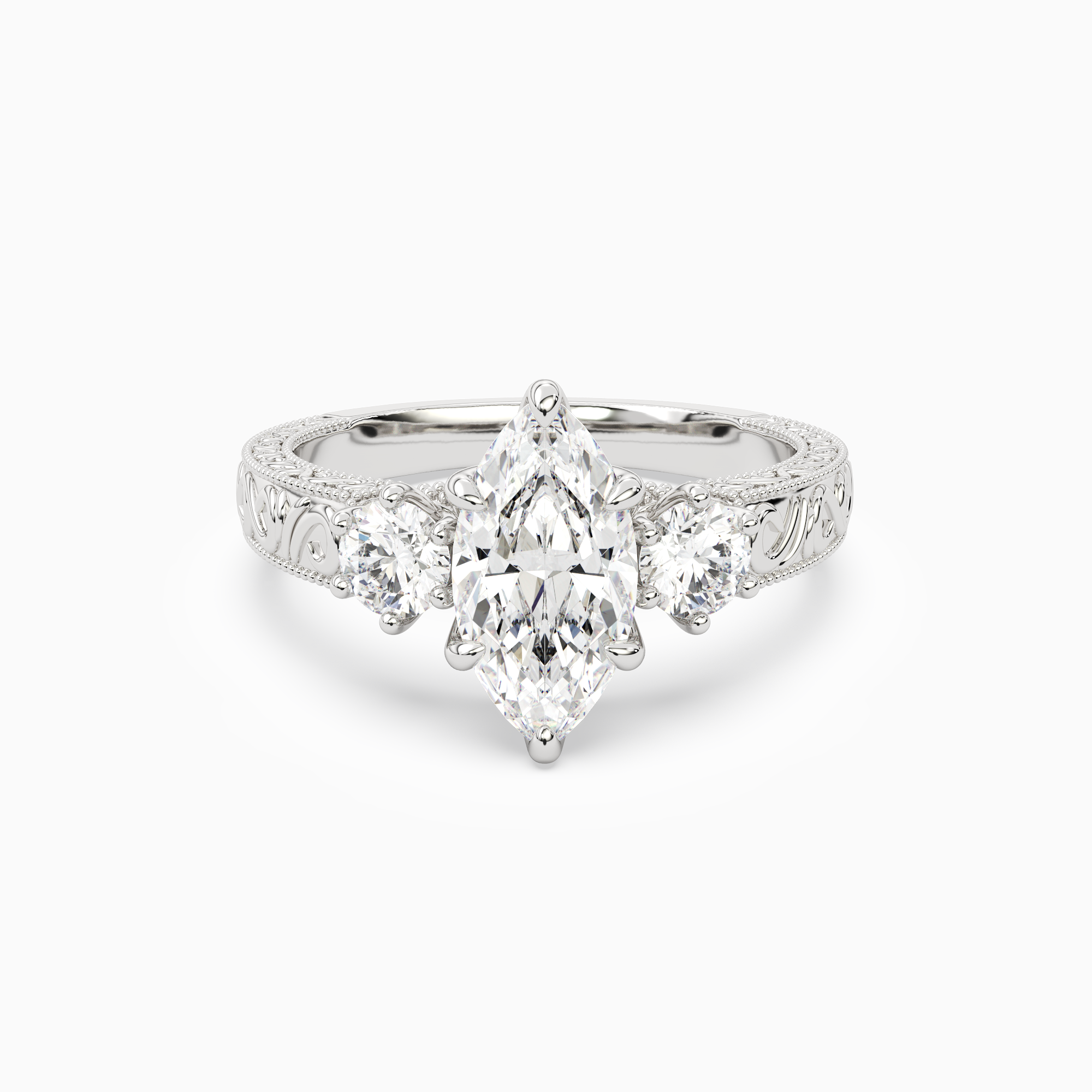 Marquise Engraved Vintage Three Stone in 14K White Gold main white