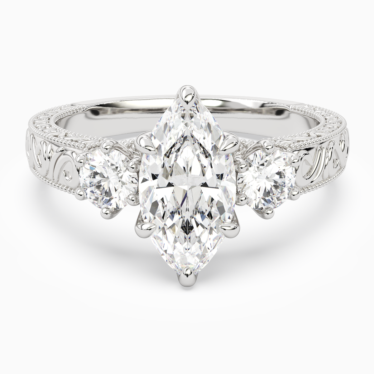 Marquise Engraved Vintage Three Stone in 14K White Gold main white