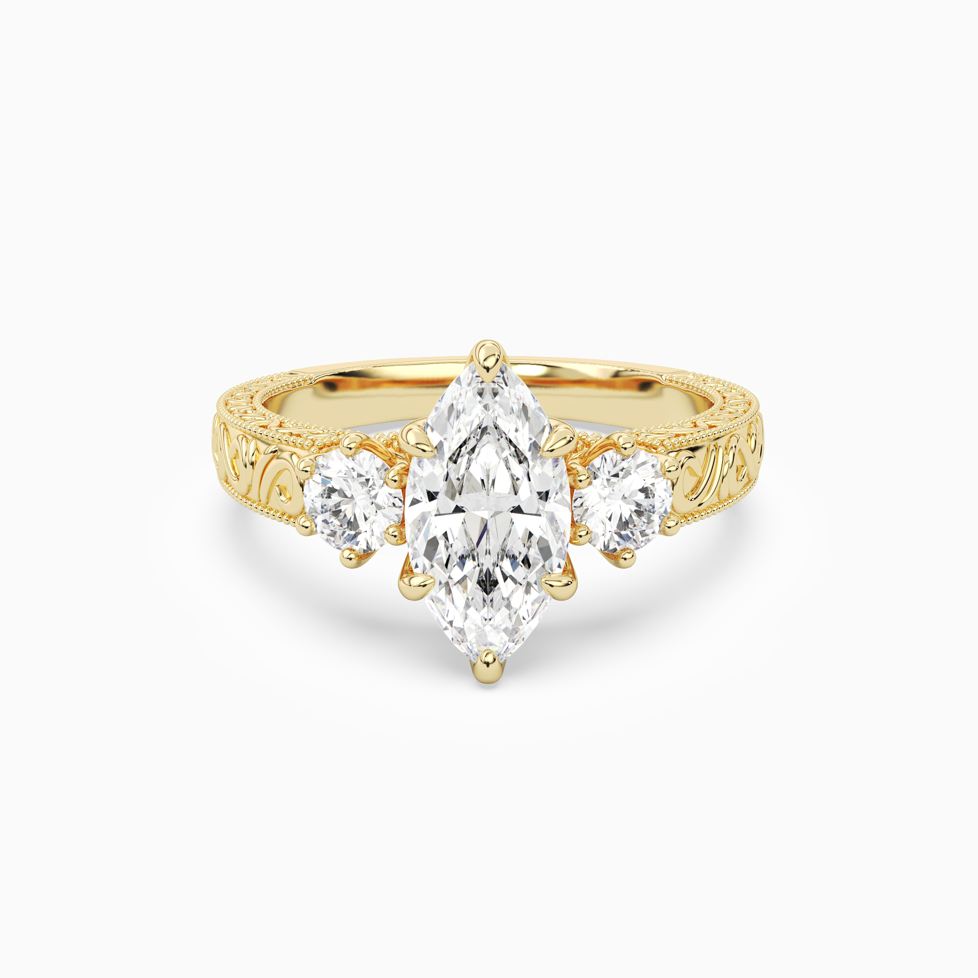 Marquise Engraved Vintage Three Stone in 14K Yellow Gold main white