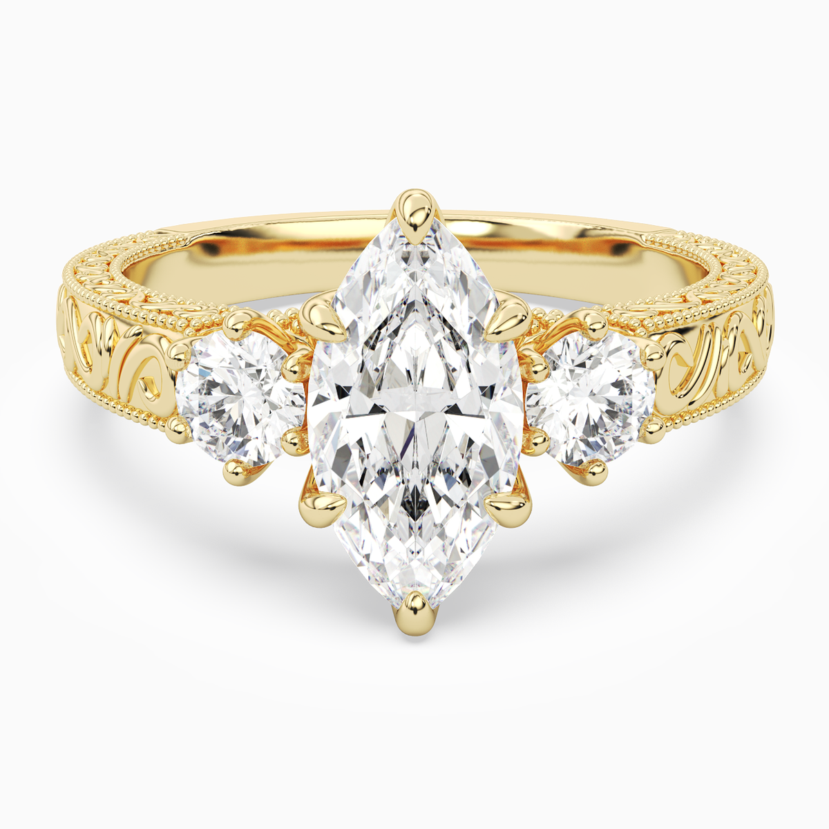 Marquise Engraved Vintage Three Stone in 18K Yellow Gold main white