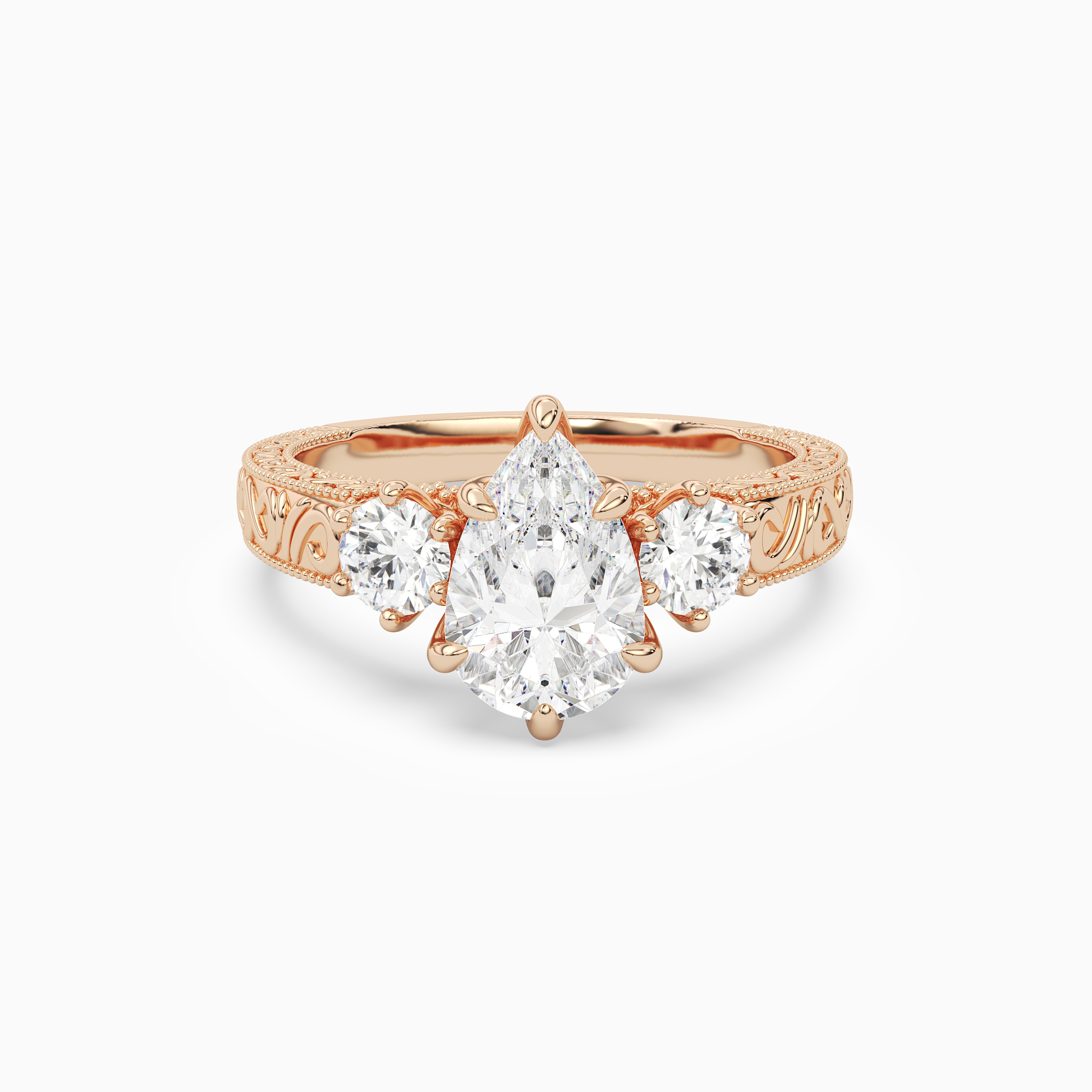 Pear Engraved Vintage Three Stone in 14K Rose Gold main white