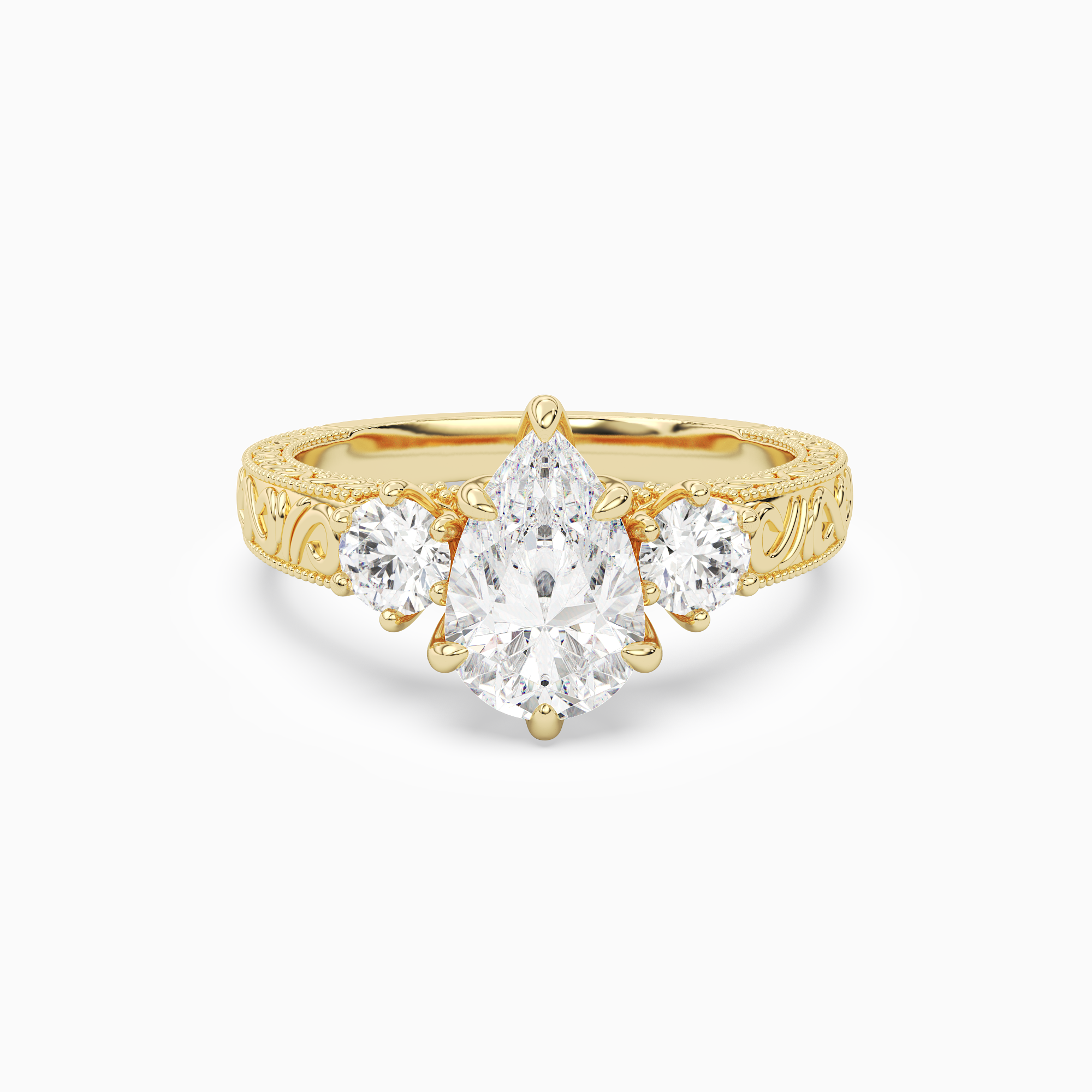 Pear Engraved Vintage Three Stone in 14K Yellow Gold main white