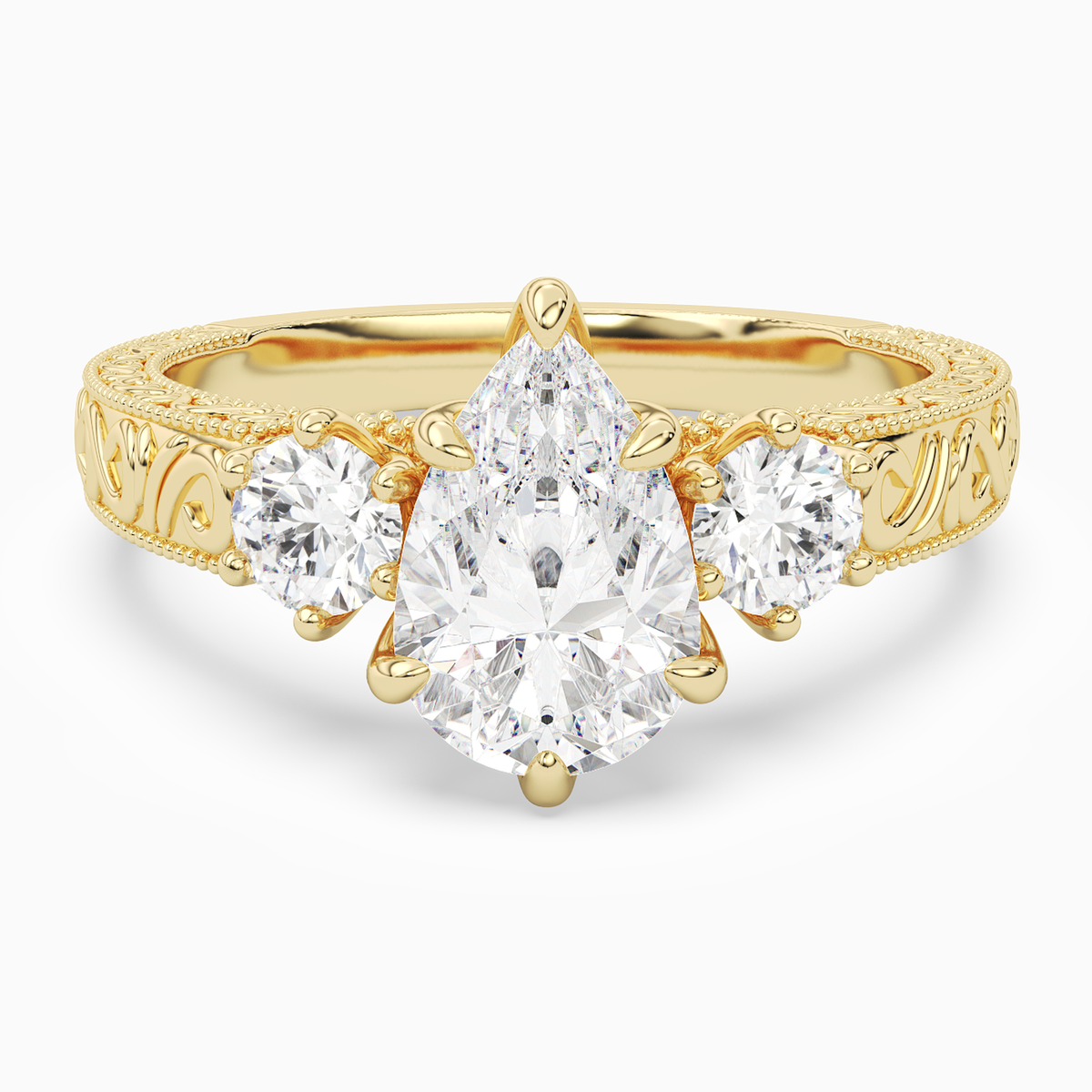 Pear Engraved Vintage Three Stone in 14K Yellow Gold main white
