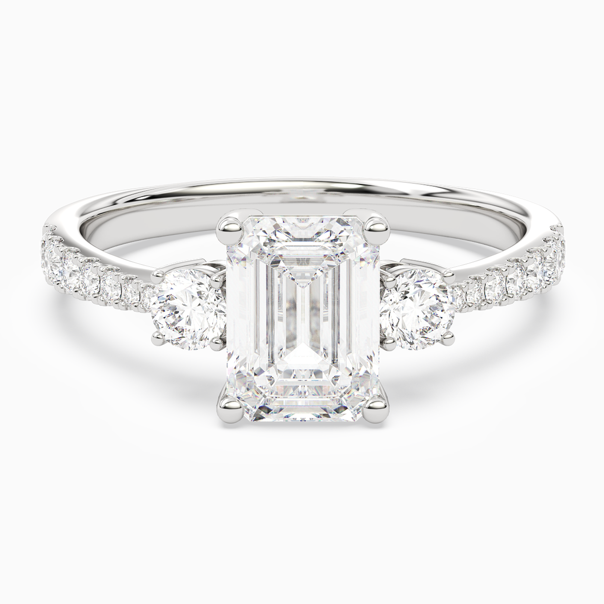 Emerald Classic Round Three Stone Pavé in 14K White Gold main white
