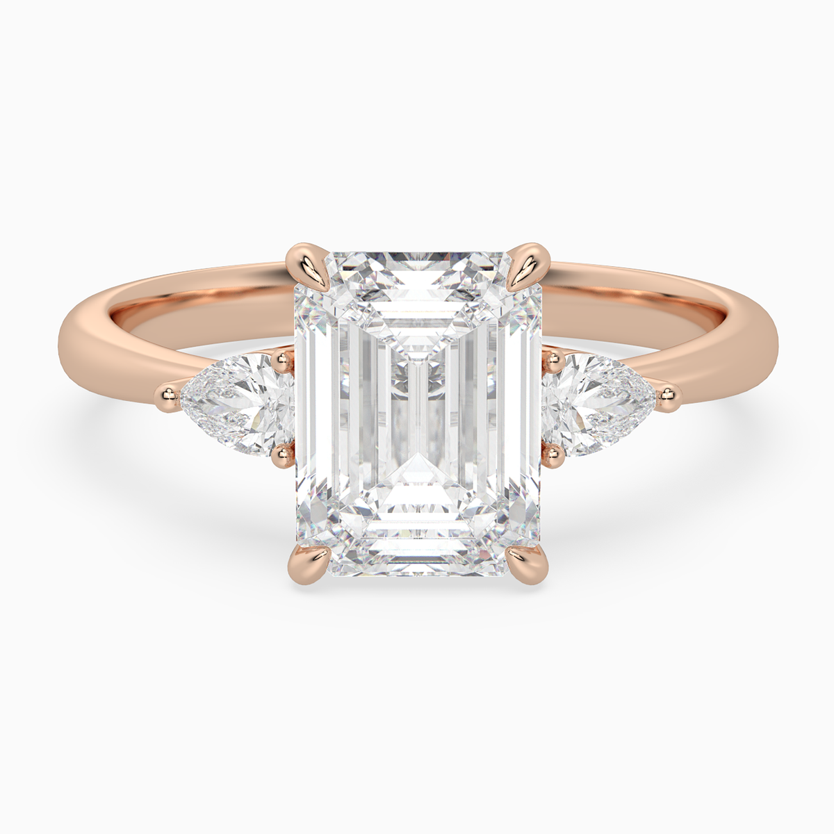 Emerald Pear Side Three Stone Classic in 14K Rose Gold main white
