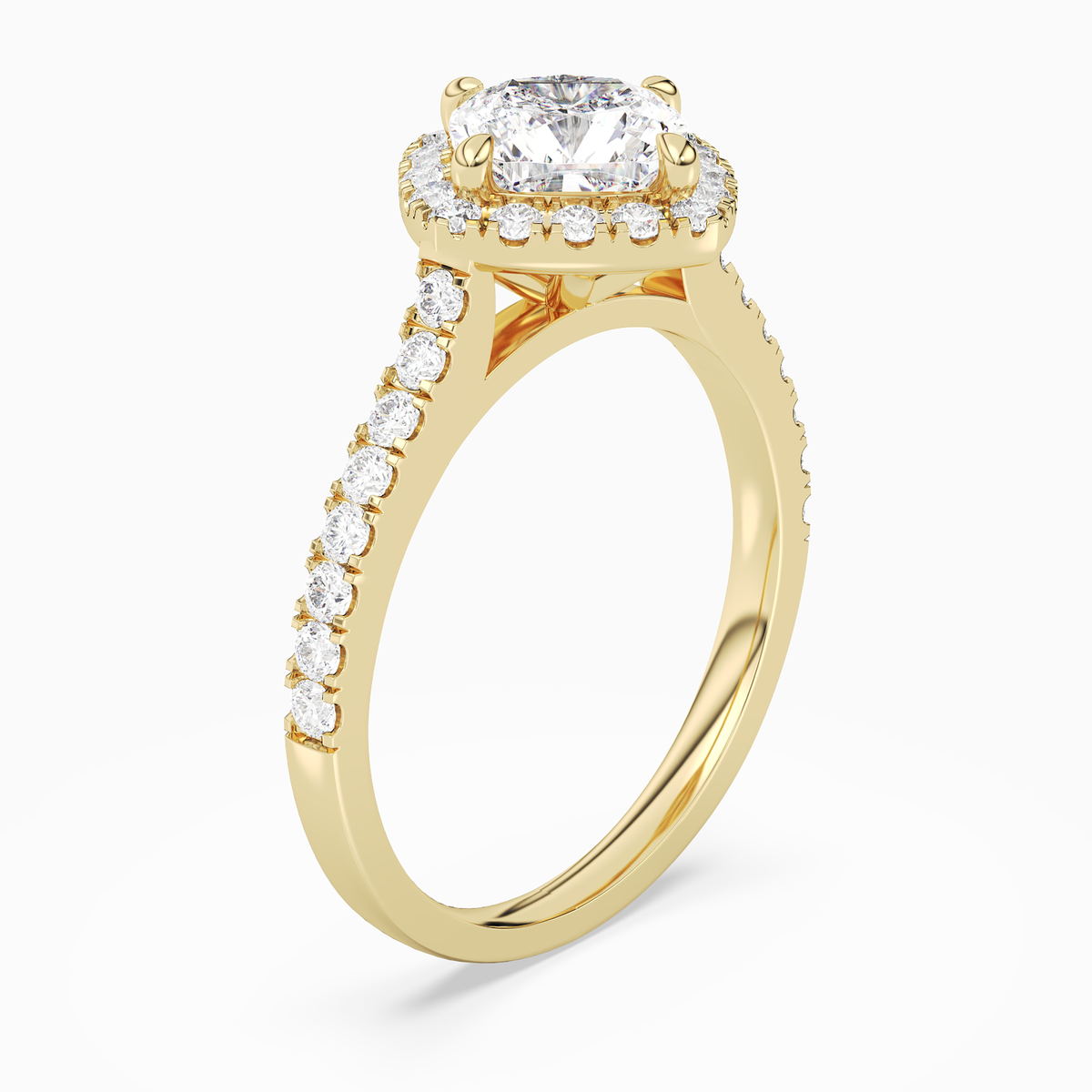 Cushion Kite Halo Baseline in 18K Yellow Gold angled