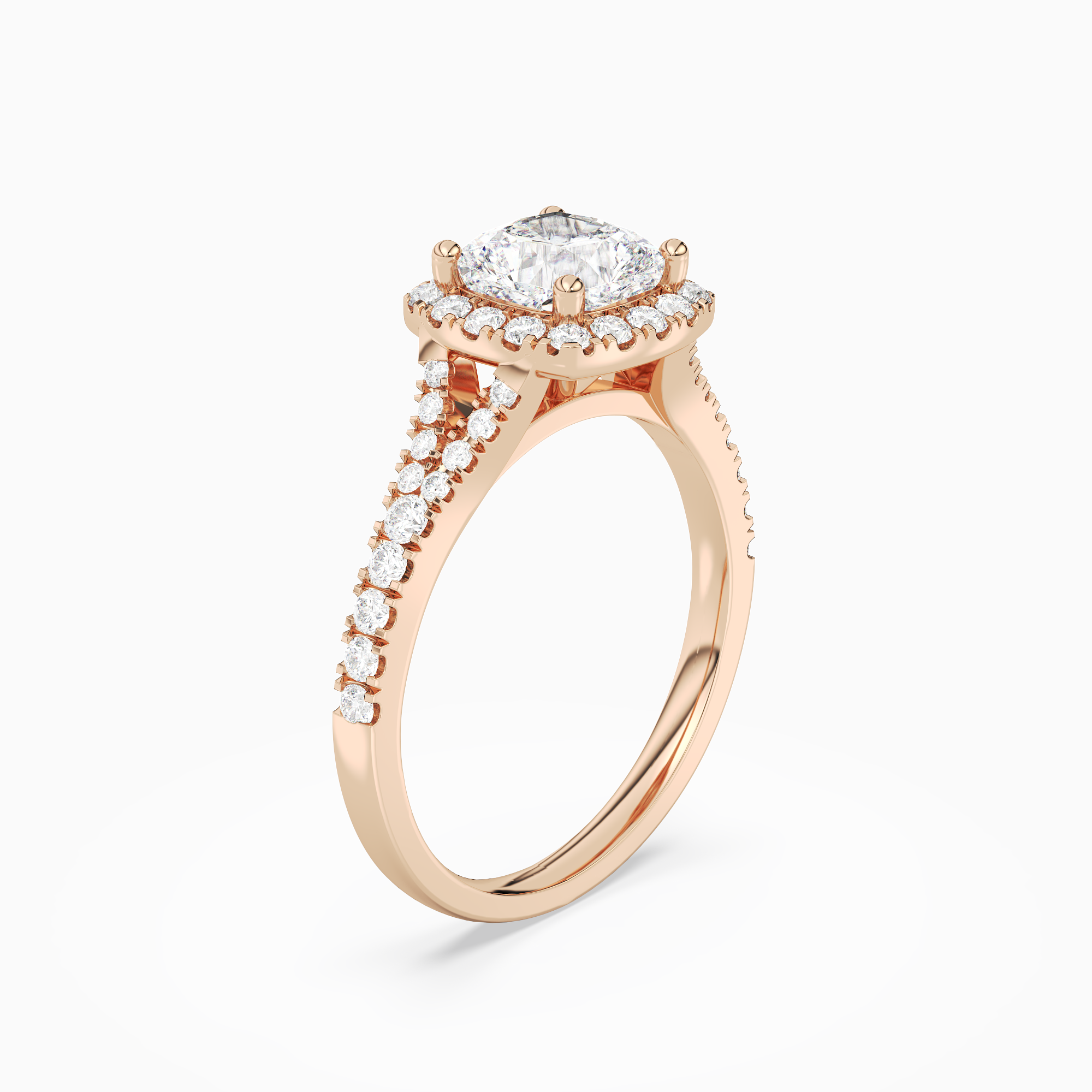 Cushion Classic Halo Split Shank Ring in 14K Rose Gold angled