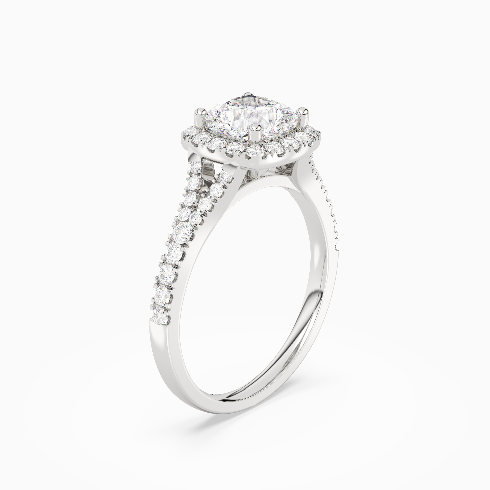 Cushion Classic Halo Split Shank Ring in 14K White Gold angled