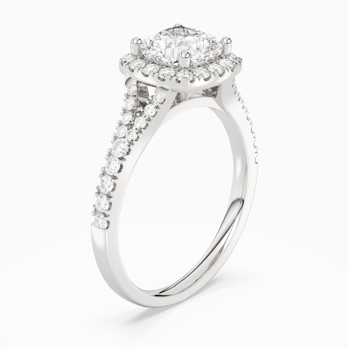 Cushion Classic Halo Split Shank Ring in 18K White Gold angled