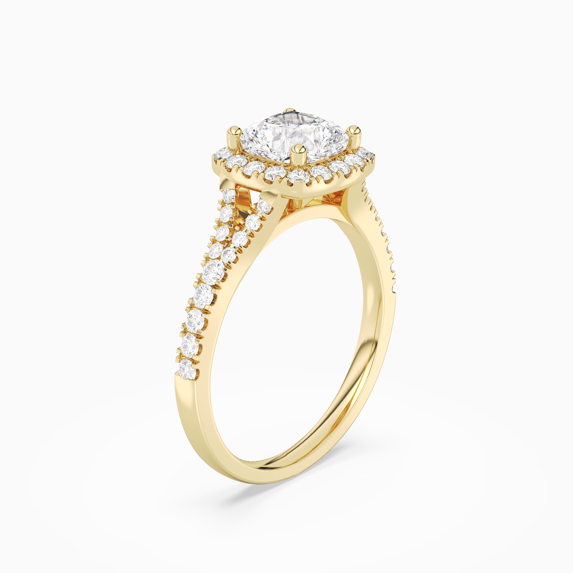 Cushion Classic Halo Split Shank Ring in 18K Yellow Gold angled