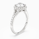 Round Classic Halo Split Shank Ring in 14K White Gold angled