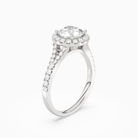 Round Classic Halo Split Shank Ring in Platinum angled
