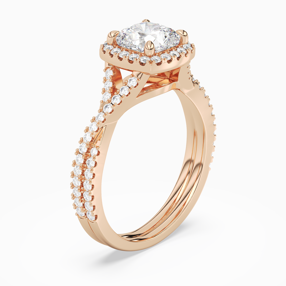 Cushion Twisted Shank Halo in 14K Rose Gold angled