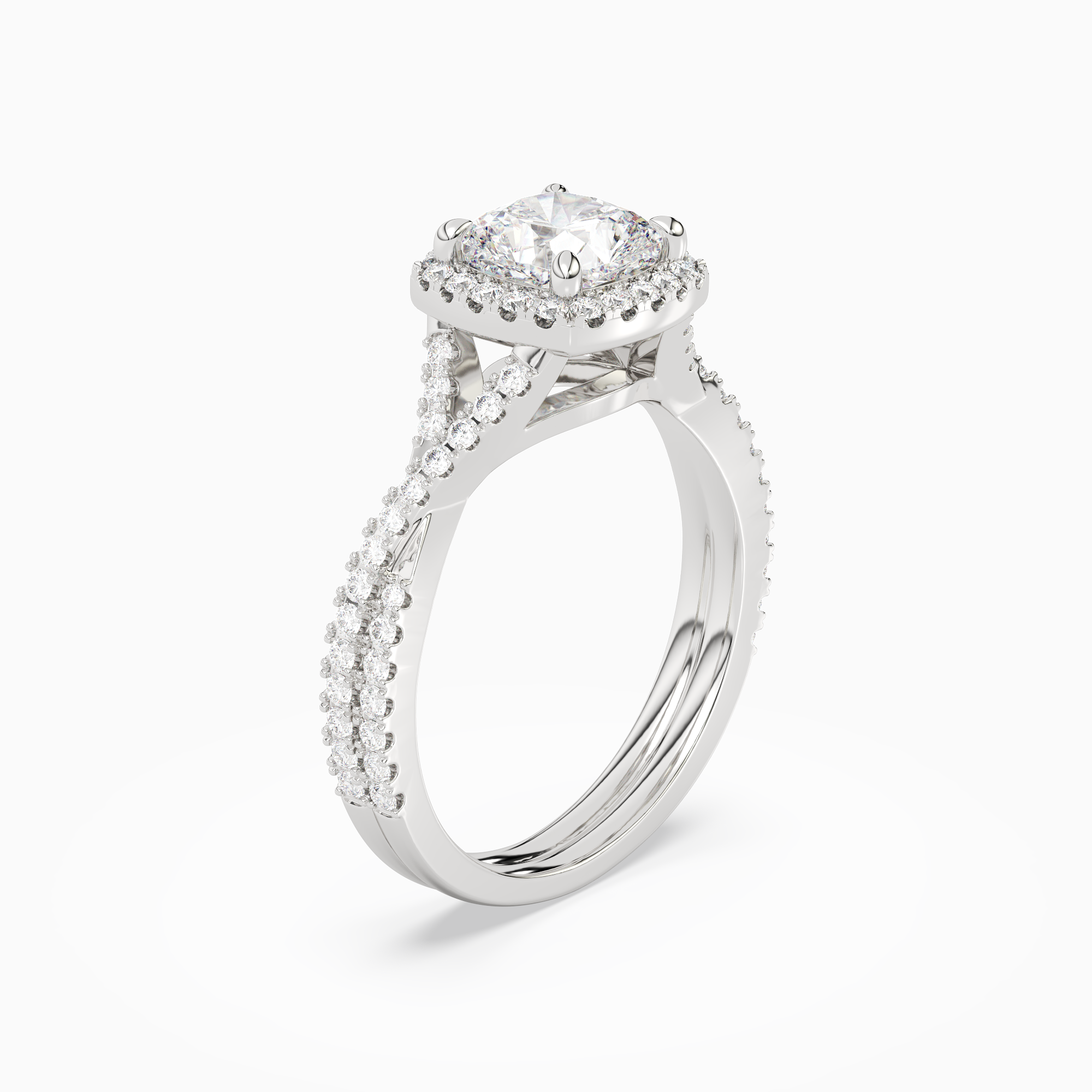 Cushion Twisted Shank Halo in Platinum angled
