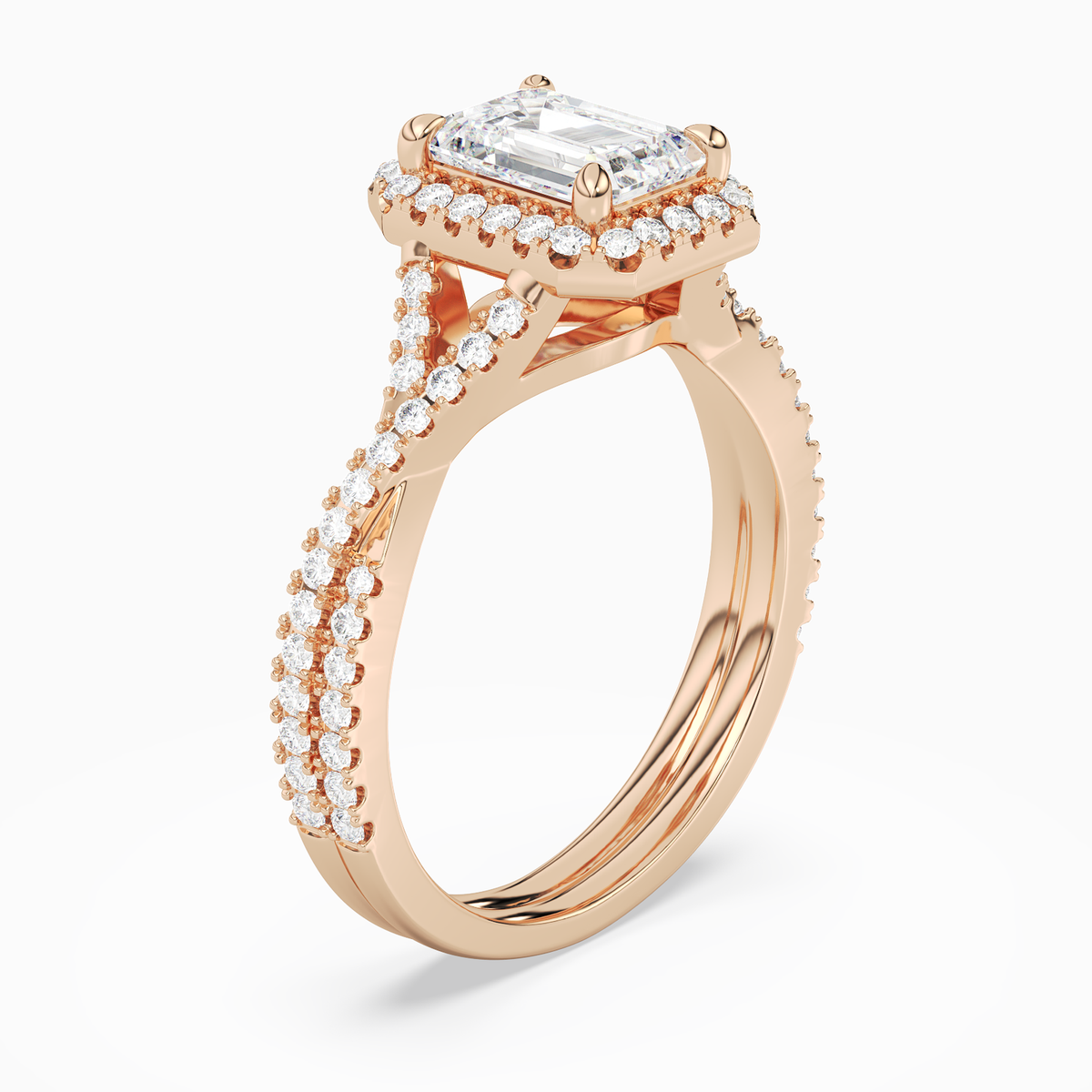 Emerald Twisted Shank Halo in 14K Rose Gold angled