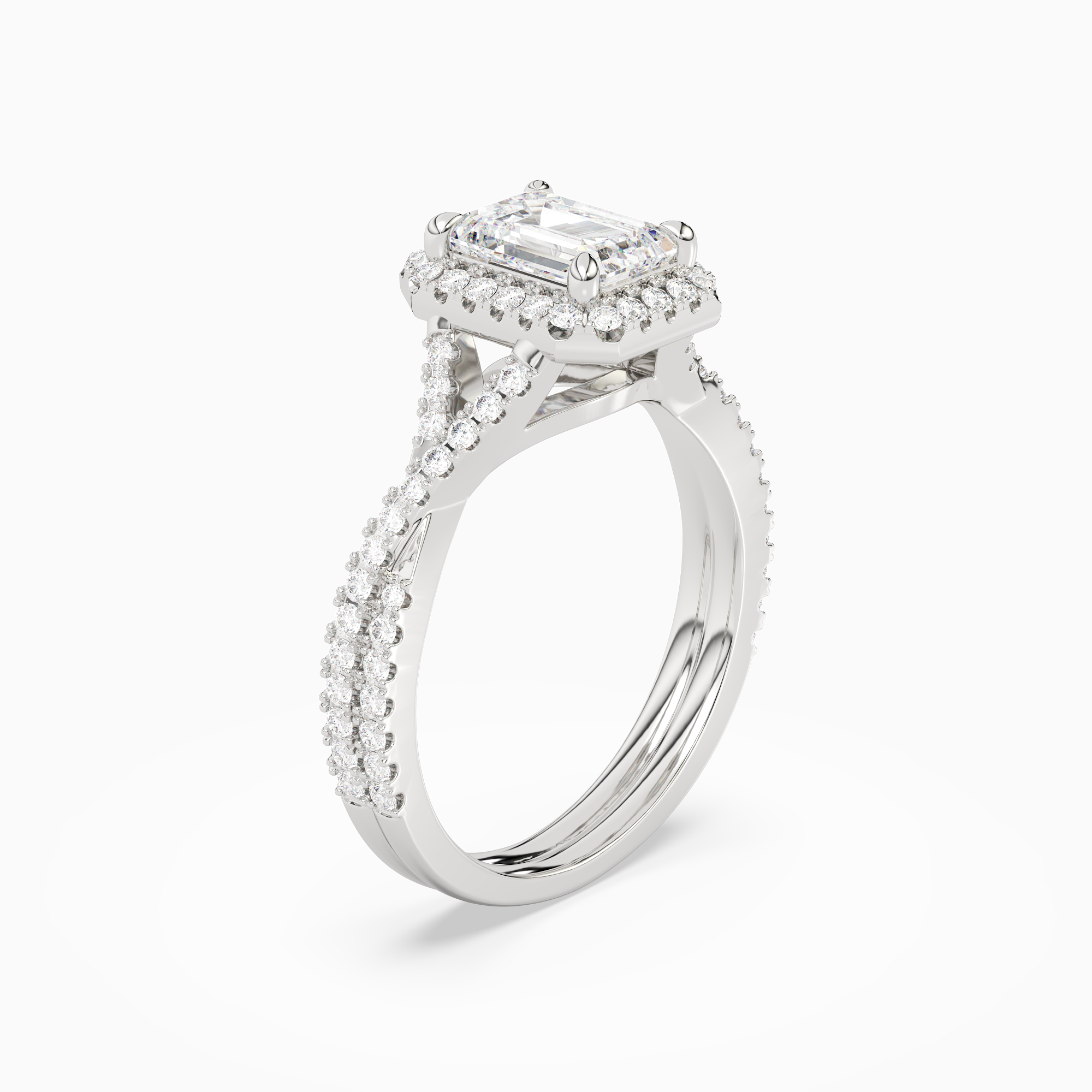 Emerald Twisted Shank Halo in 14K White Gold angled