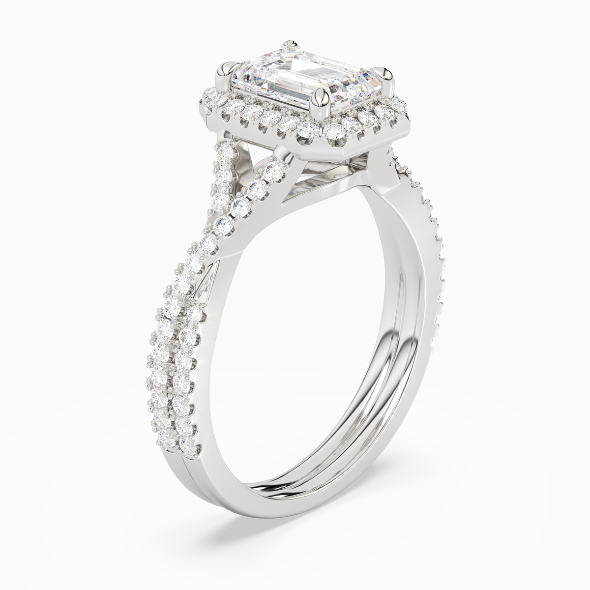 Emerald Twisted Shank Halo in 14K White Gold angled