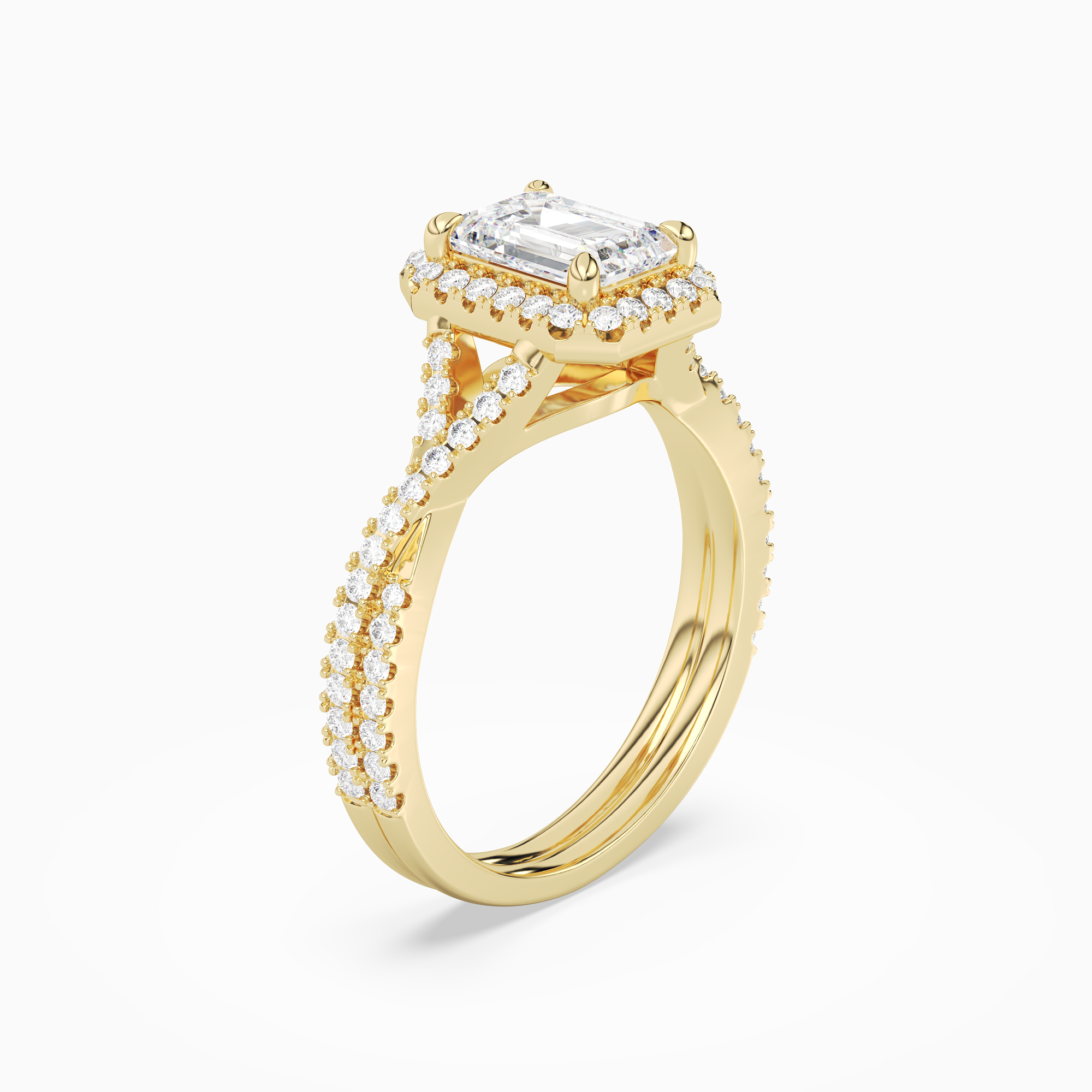 Emerald Twisted Shank Halo in 14K Yellow Gold angled