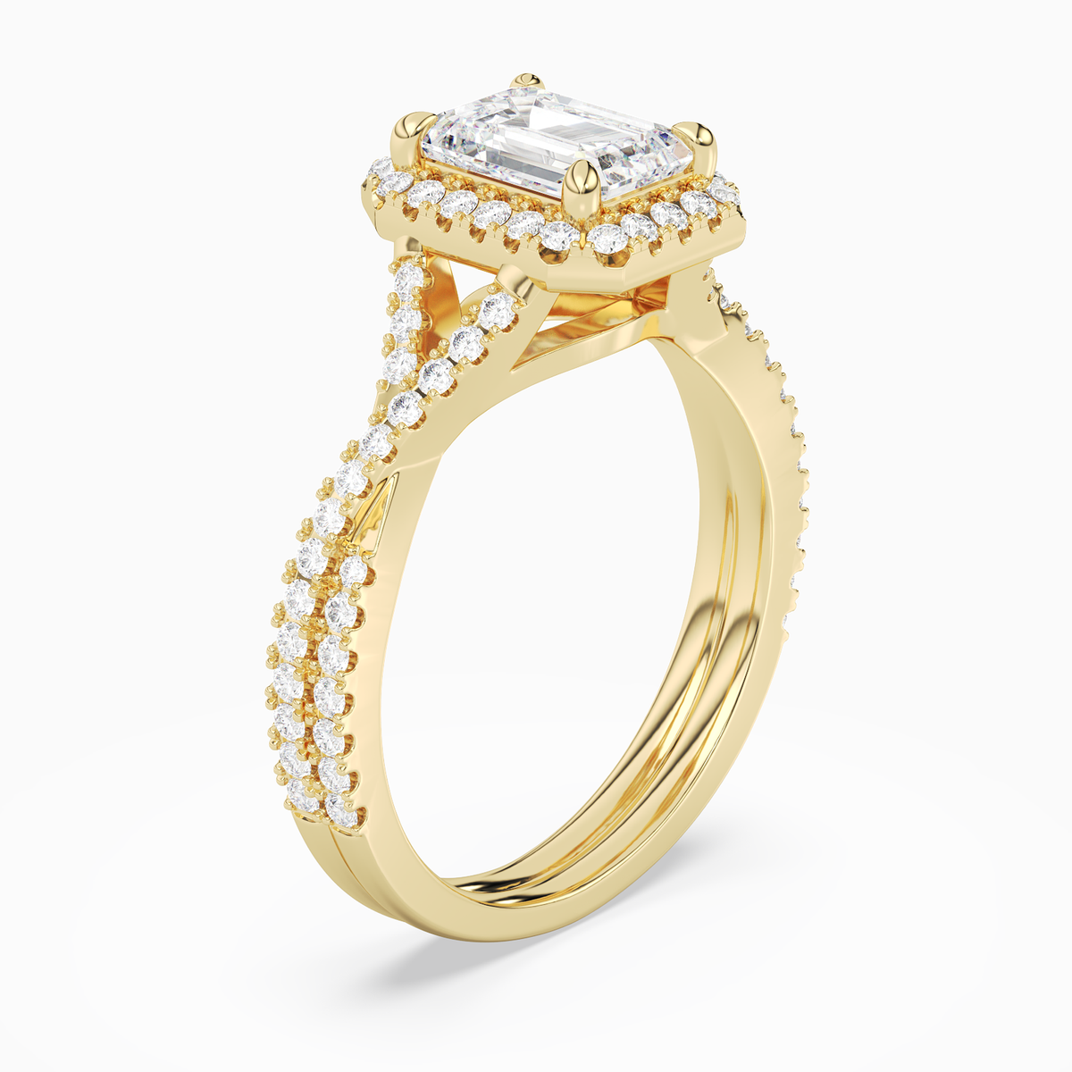 Emerald Twisted Shank Halo in 14K Yellow Gold angled