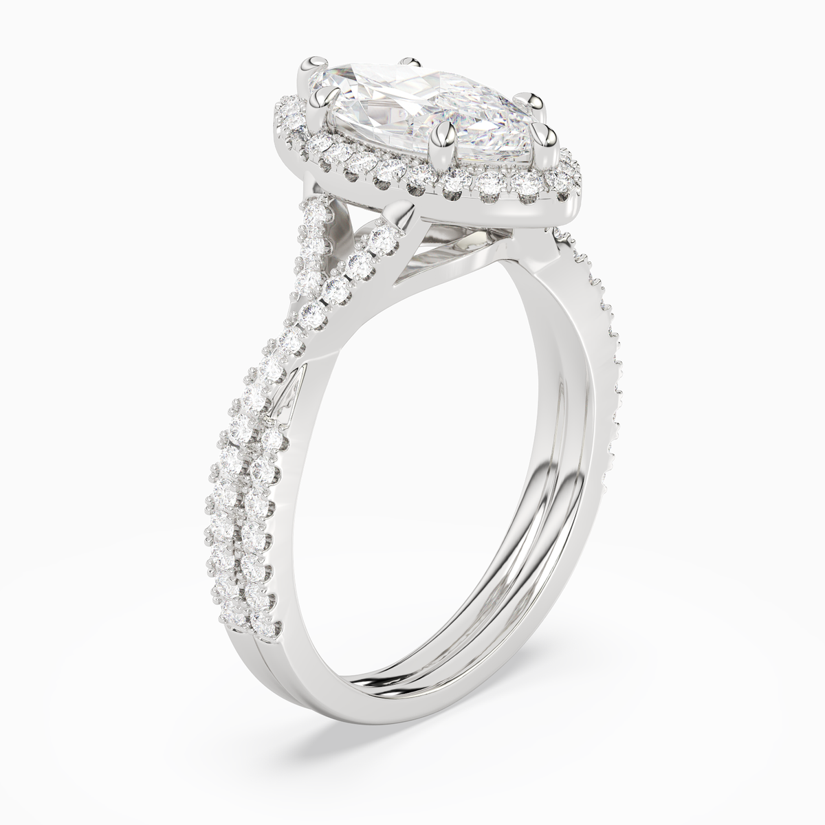 Marquise Twisted Shank Halo in 14K White Gold angled