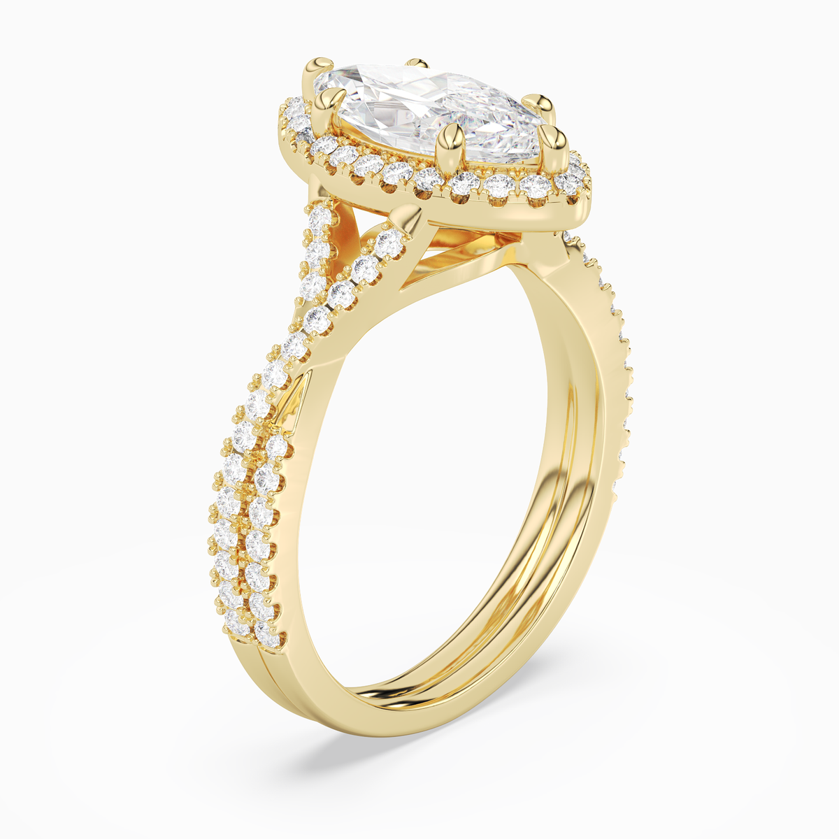 Marquise Twisted Shank Halo in 14K Yellow Gold angled
