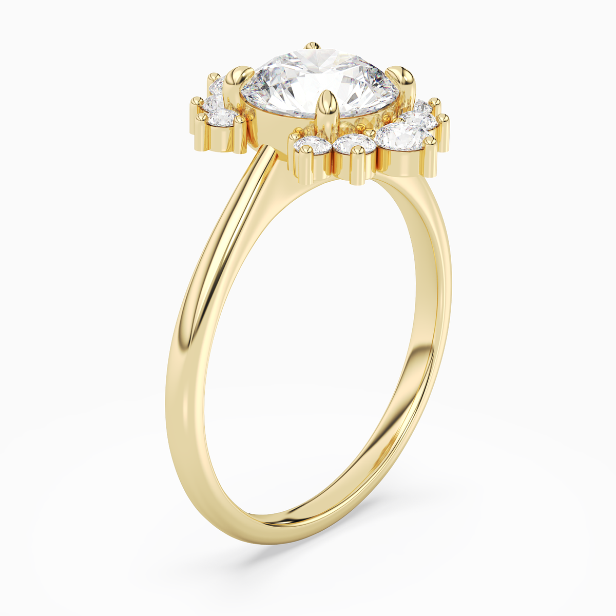 Round Floral Cluster Halo in 14K Yellow Gold angled