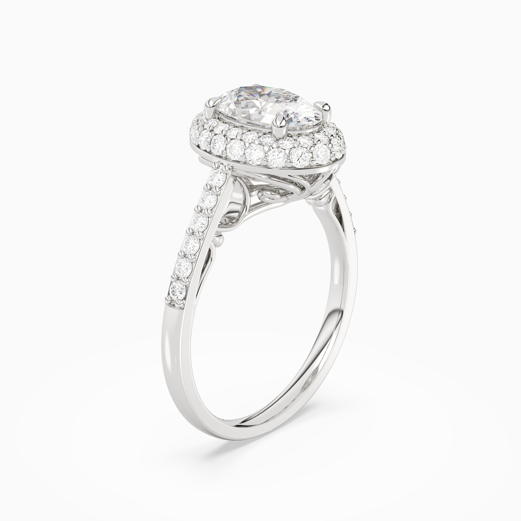 Oval Regal Halo Pavé in 18K White Gold angled