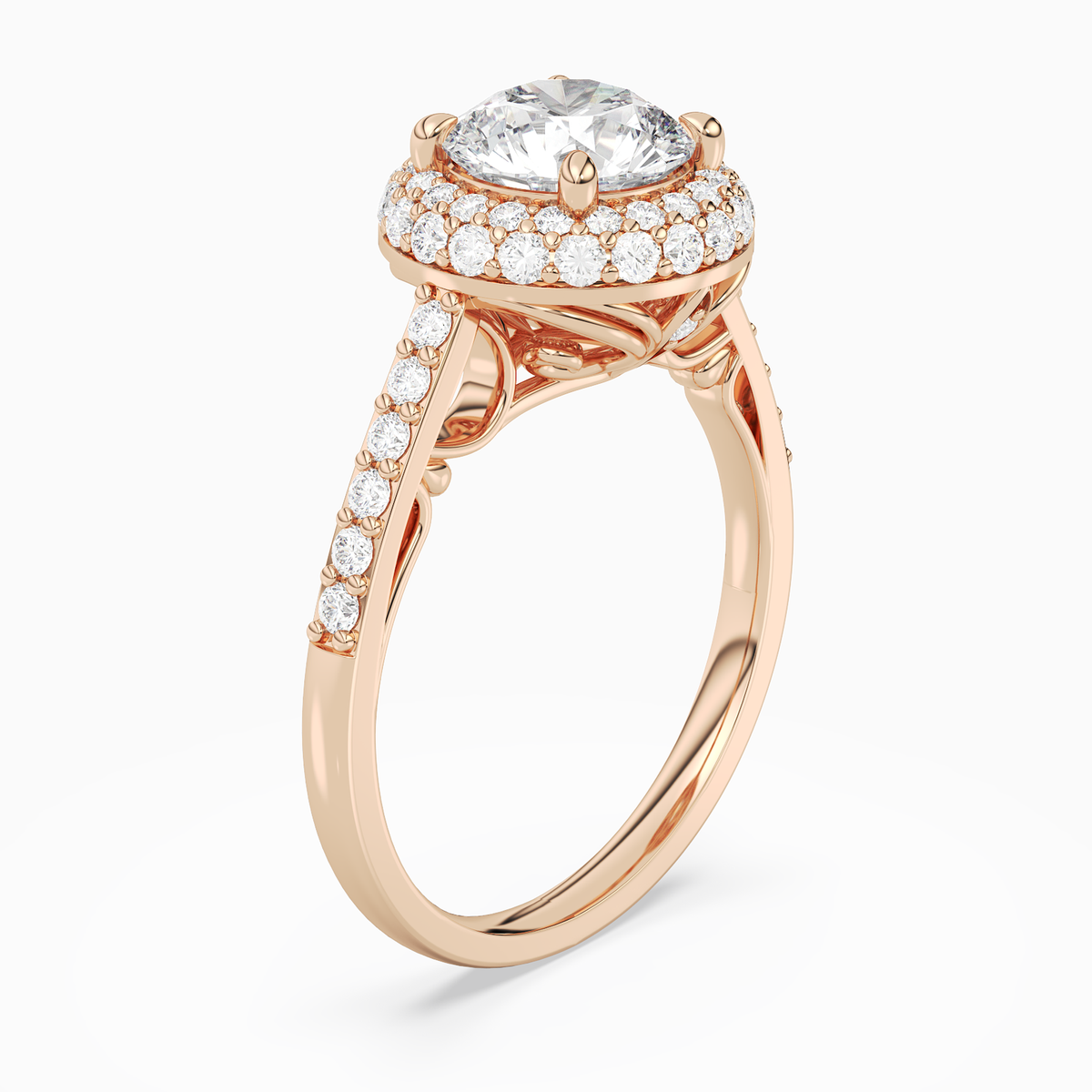 Round Regal Halo Pavé in 14K Rose Gold angled