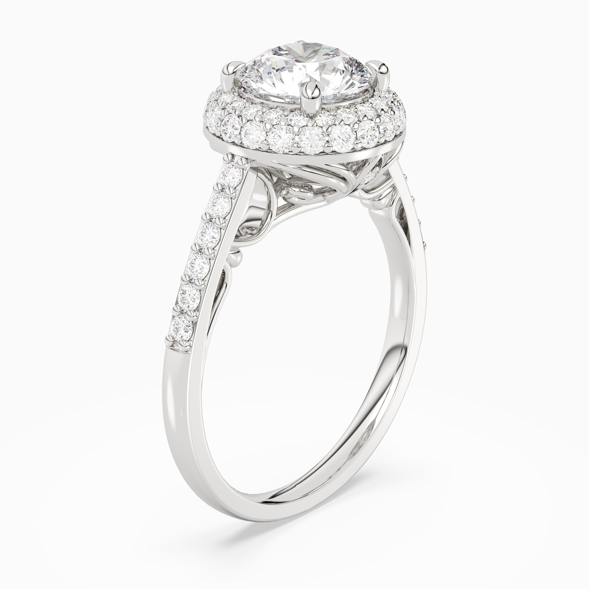 Round Regal Halo Pavé in Platinum angled