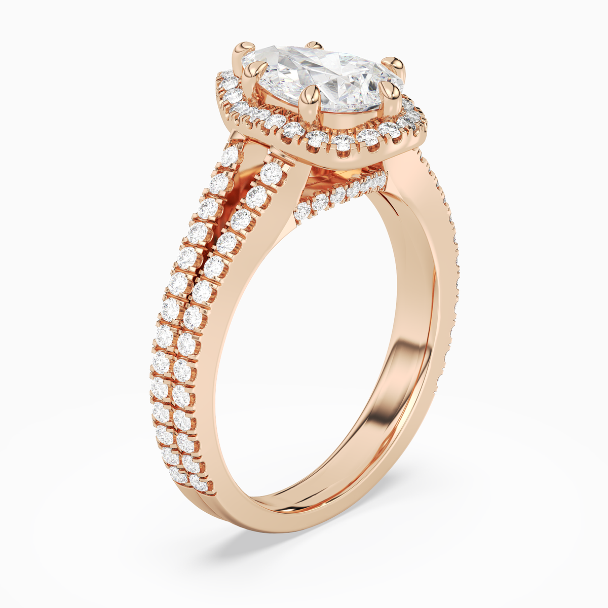 Pear Split Shank Halo in 14K Rose Gold angled