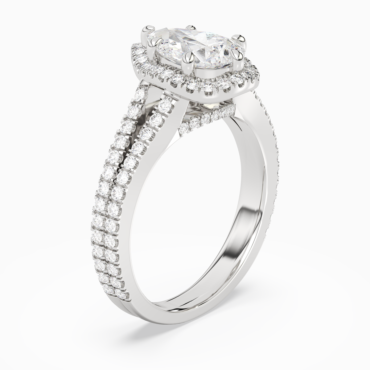 Pear Split Shank Halo in 14K White Gold angled