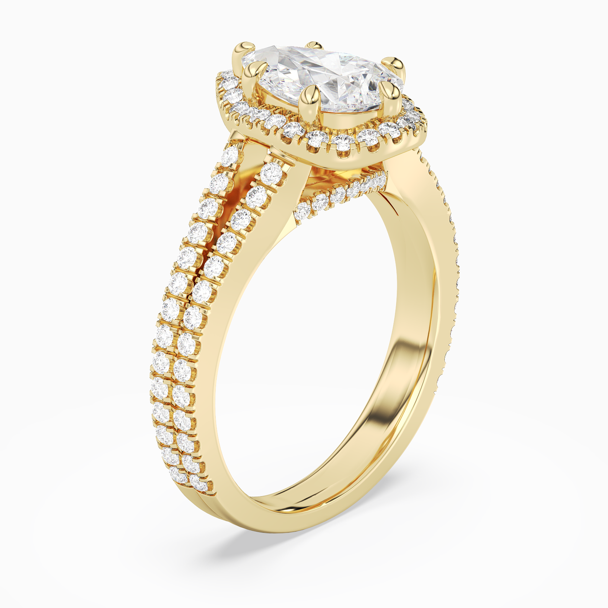 Pear Split Shank Halo in 14K Yellow Gold angled