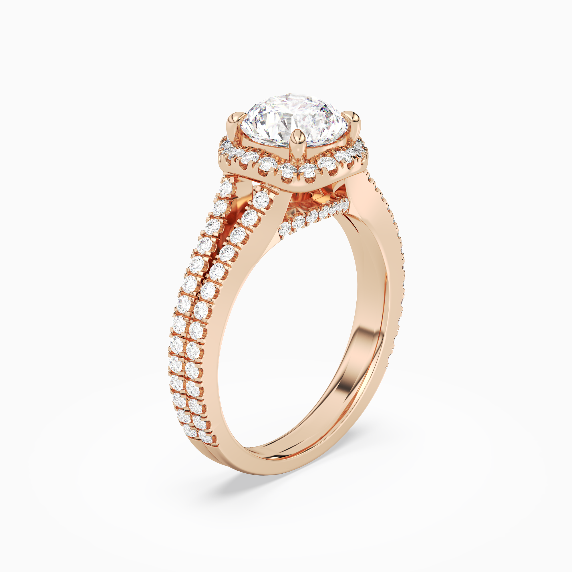 Round Split Shank Halo in 14K Rose Gold angled