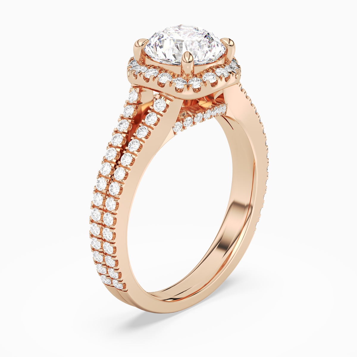 Round Split Shank Halo in 14K Rose Gold angled