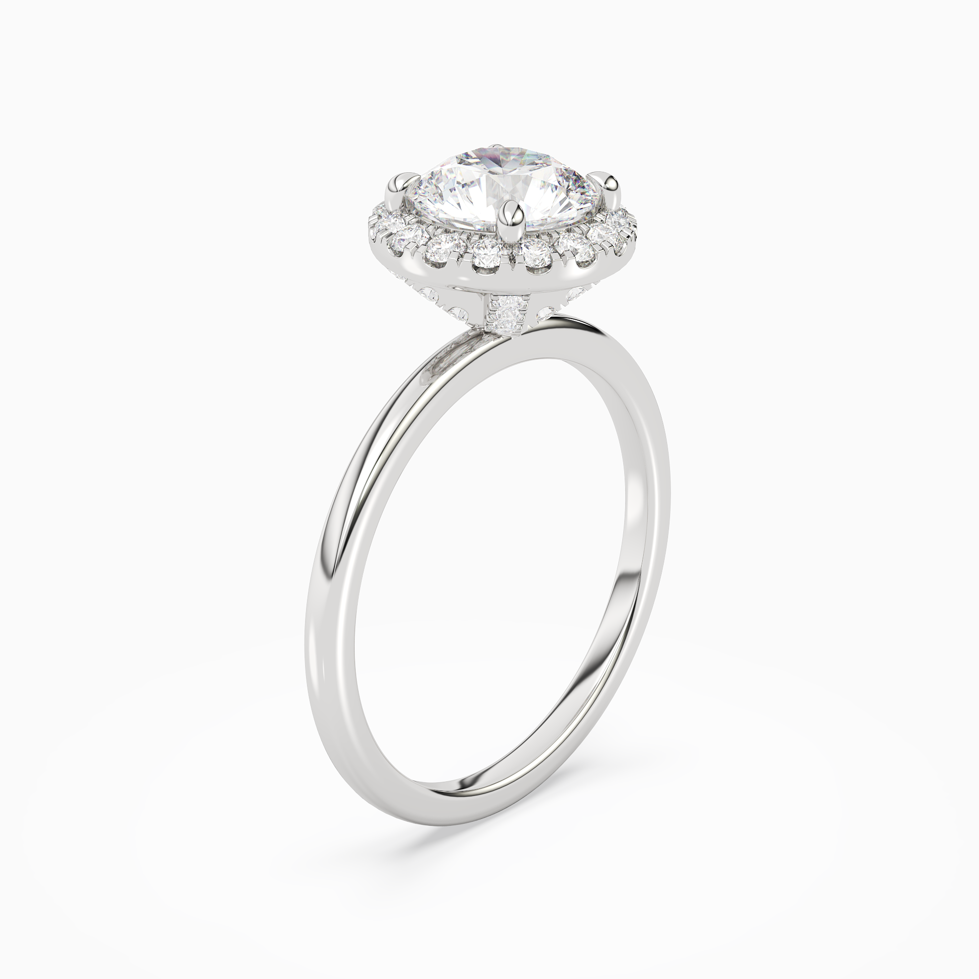 Round Scalloped Halo Baseline in 18K White Gold angled