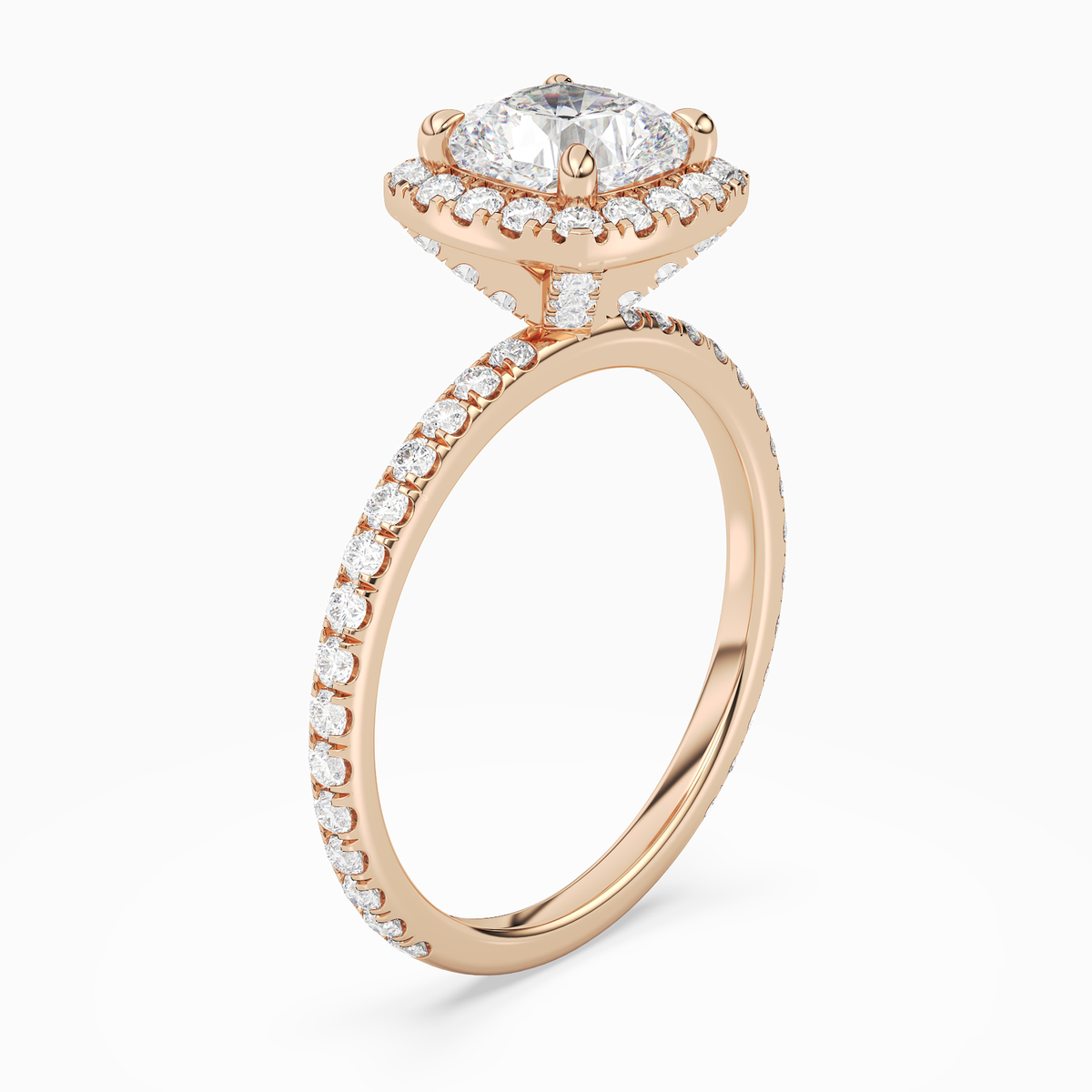 Cushion Scalloped Halo Pavé in 14K Rose Gold angled